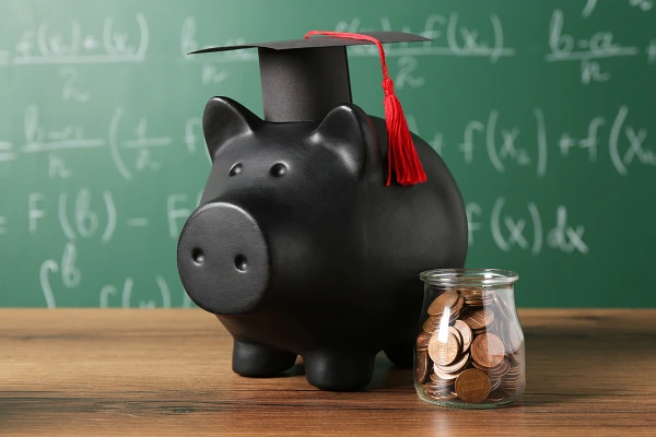 A black piggy bank wearing a graduation cap is placed beside a jar full of coins, set against a backdrop of mathematical equations on a chalkboard.