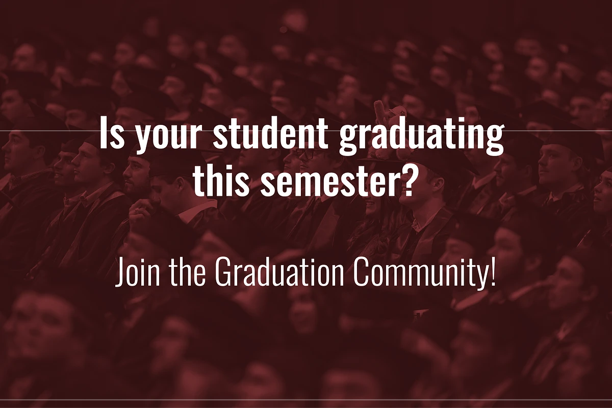 A group of graduates sits together, overlaid with text inviting them or their supporters to join the Graduation Community.