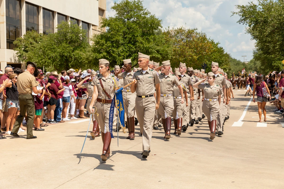 Cadets from Squadron 23 march through the Texas A&M University campus prior to a football game at Kyle Field.