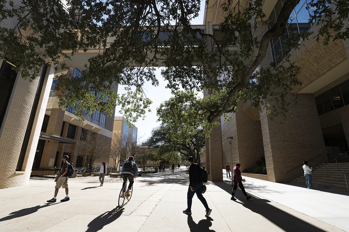 A photo of students walking under the evans library annex