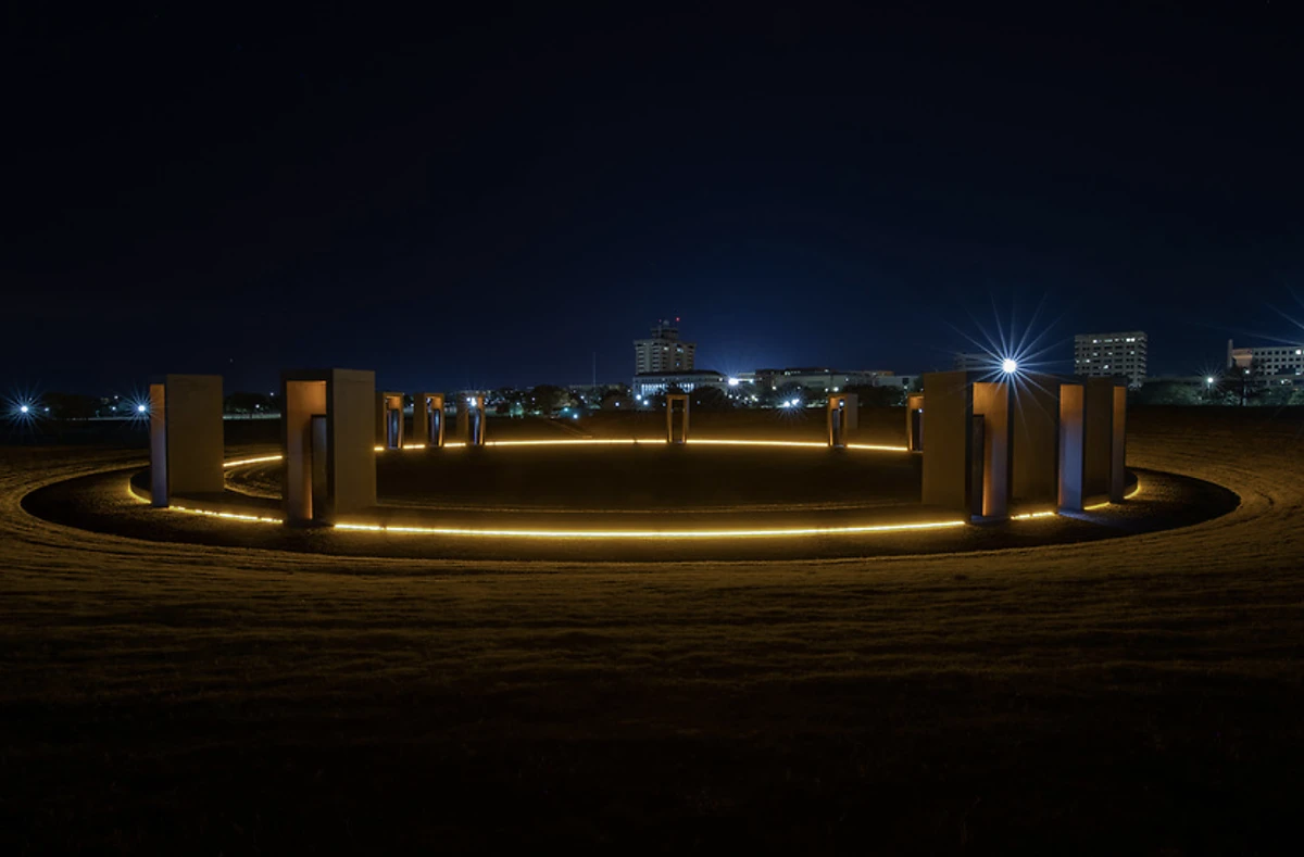 A photo of the bonfire memorial at Texas A&M university at night