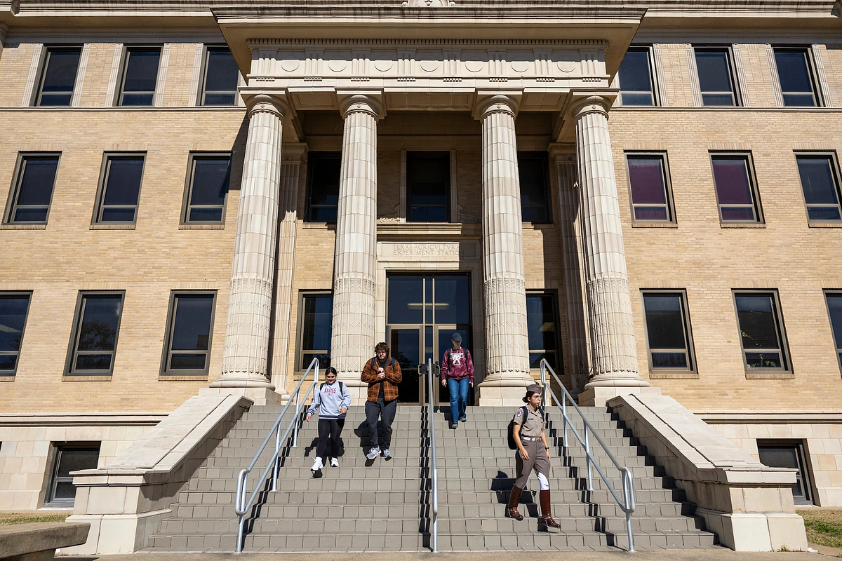 Several people are walking down the steps of a large, classical building with tall pillars.