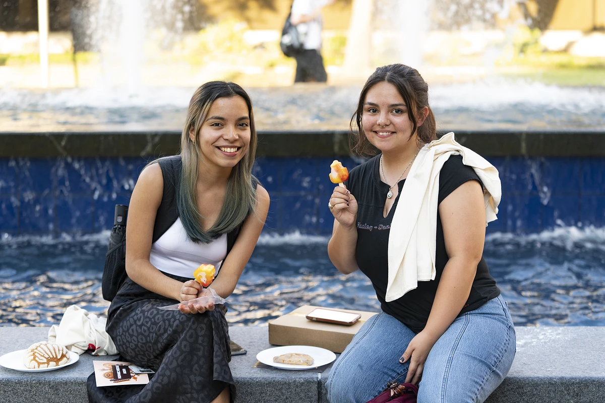 students sitting by a fountain eating food from a organization event. 