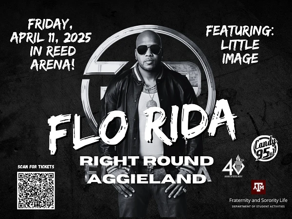 The image is a black-and-white promotional poster for a Flo Rida concert featuring Little Image at Reed Arena on April 11, 2025.