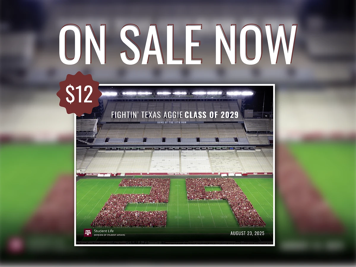 A poster advertising a $12 sale features a field display of the Texas A&M University Class of 2029 forming the number "29."